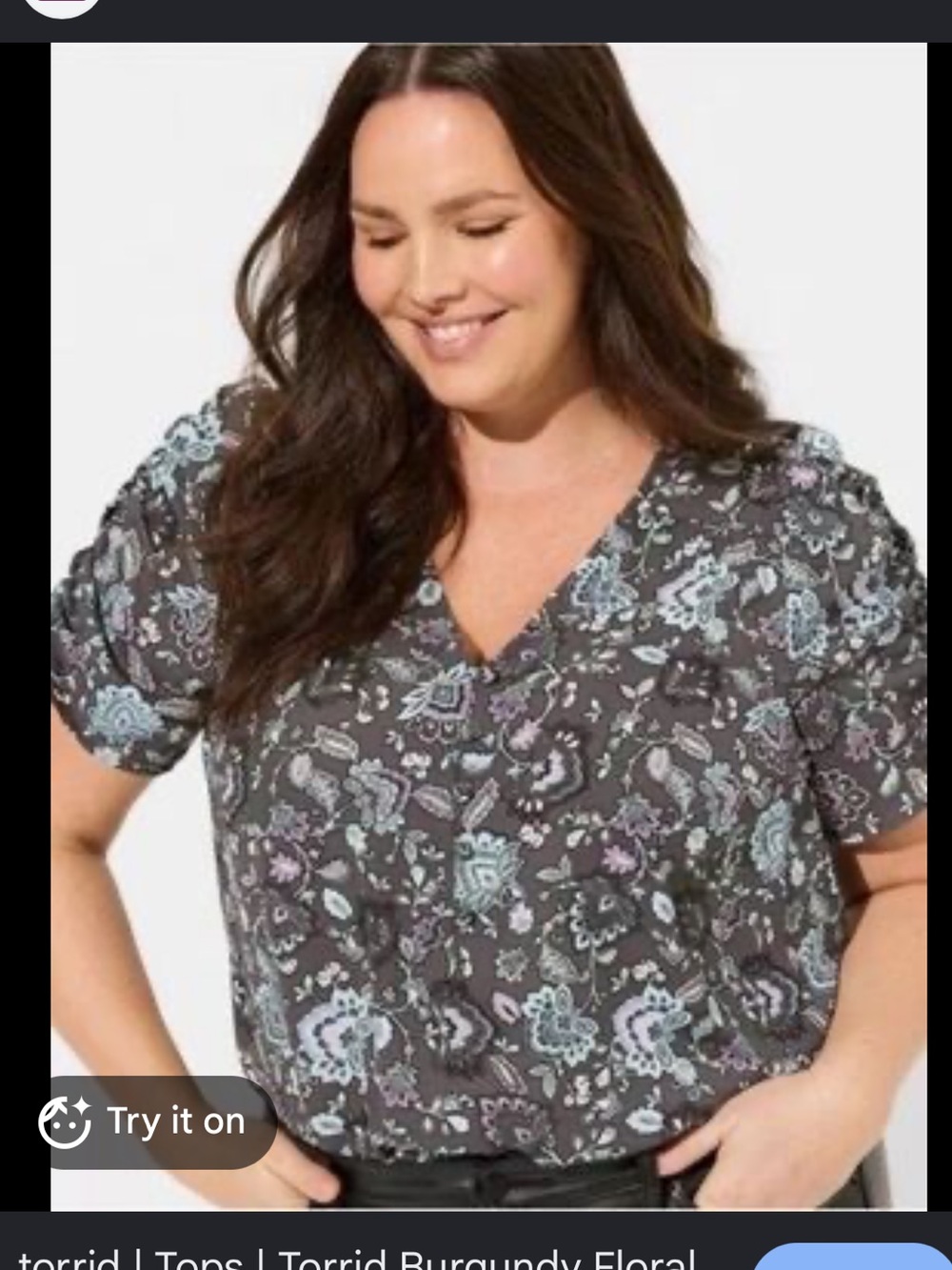 torrid Gray Floral V-Neck Tie-Front Blouse with Blue & Lavender Accents
